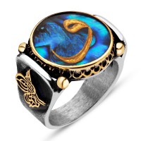 925 Ayar Gümüş Okyanus Sedefli Altın Varaklı Vav Harfli Yüzük 